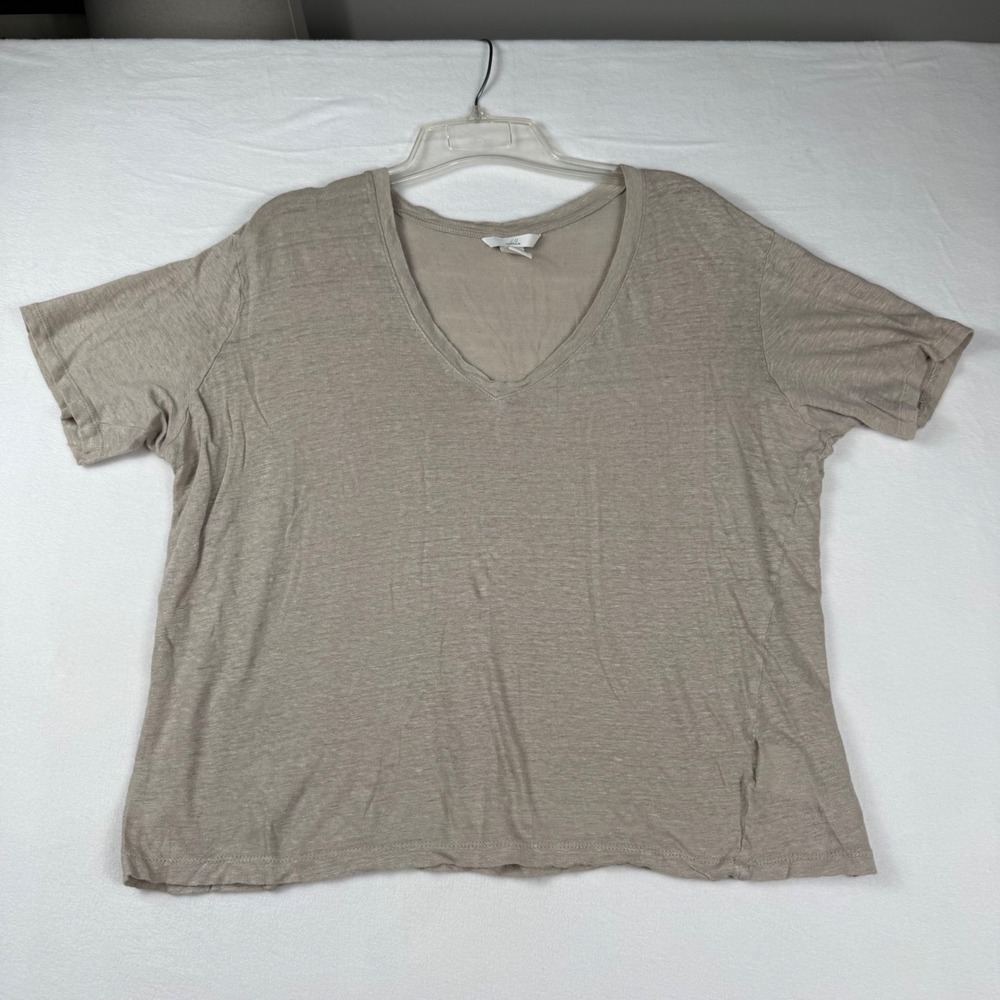 H&M Linen V-Neck T-Shirt L Beige Minimalist Coastal Boho Slub Tee